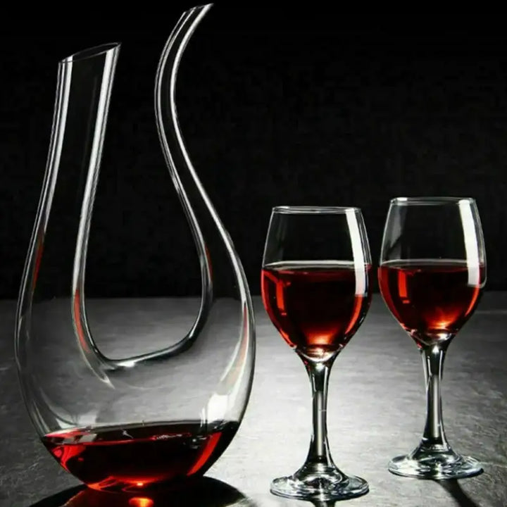 Crystal U-shaped 1500ml Wine Decanter with curved neck, two elegant wine glasses