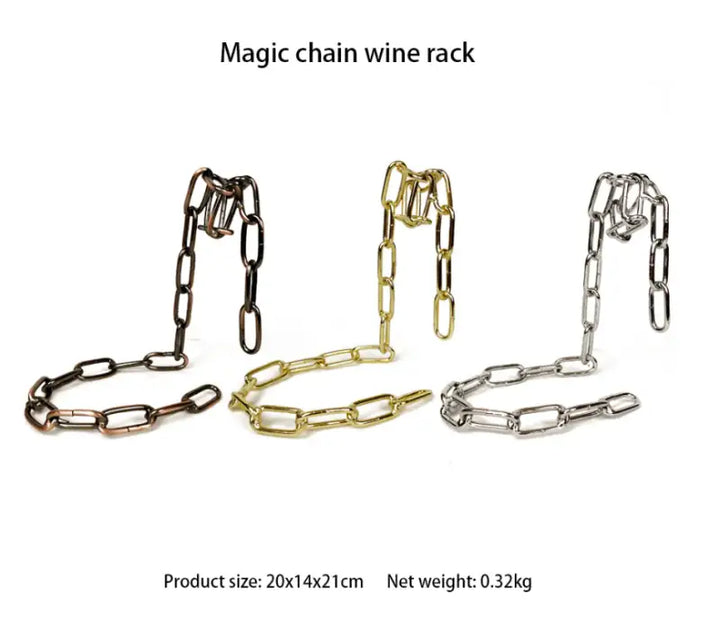 Magic Iron Chain Wine Bottle Holder with bronze, gold, and silver finishes creating a floating effect