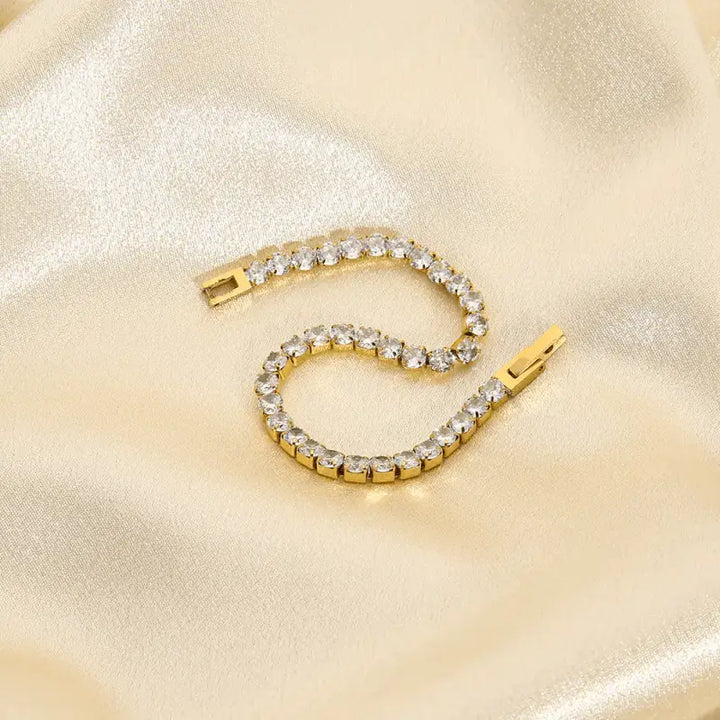 Gold Zircon Bracelet with sparkling clear crystals, elegant stainless steel design